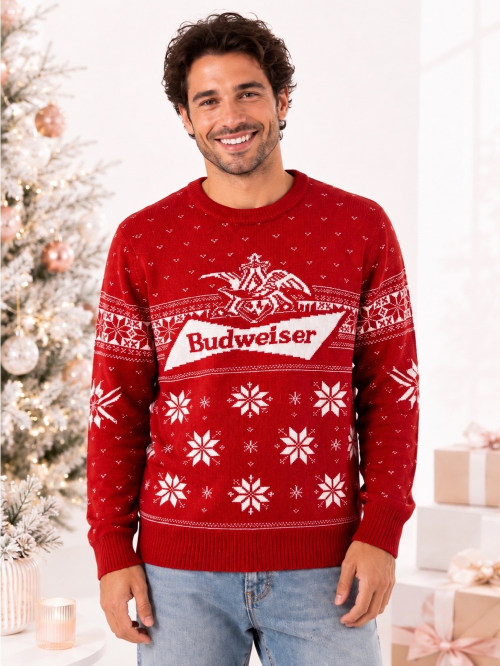 Budweiser Red Nordic Christmas Sweater | Unisex Holiday Crewneck NWT S